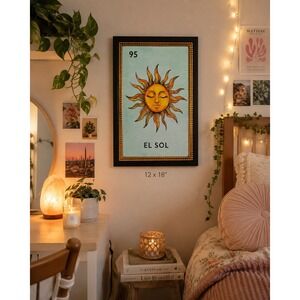 Sapna Shah Framed Wall Art 18x12 Blue El Sol Loteria Card Design
